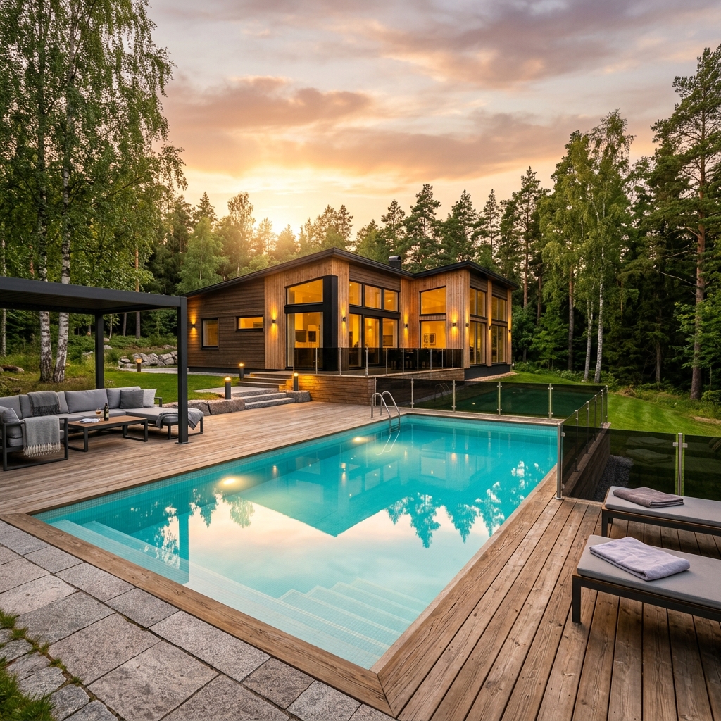 En fin pool omgiven av natursten och trädäck intill en modern villa